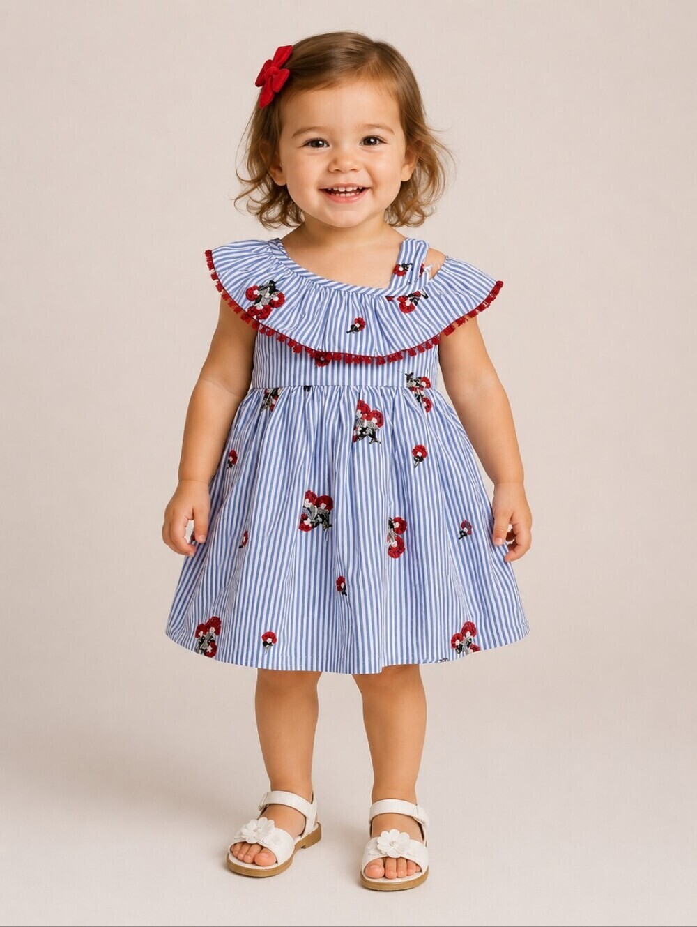 3/$30 RARE EDITIONS Blue Striped Floral Embroidered One Shoulder Dress